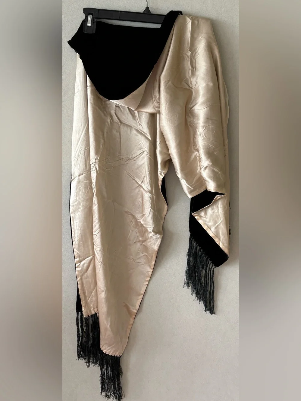 Gorgeous black velvet with cream satin underside fringe shaw wrap.